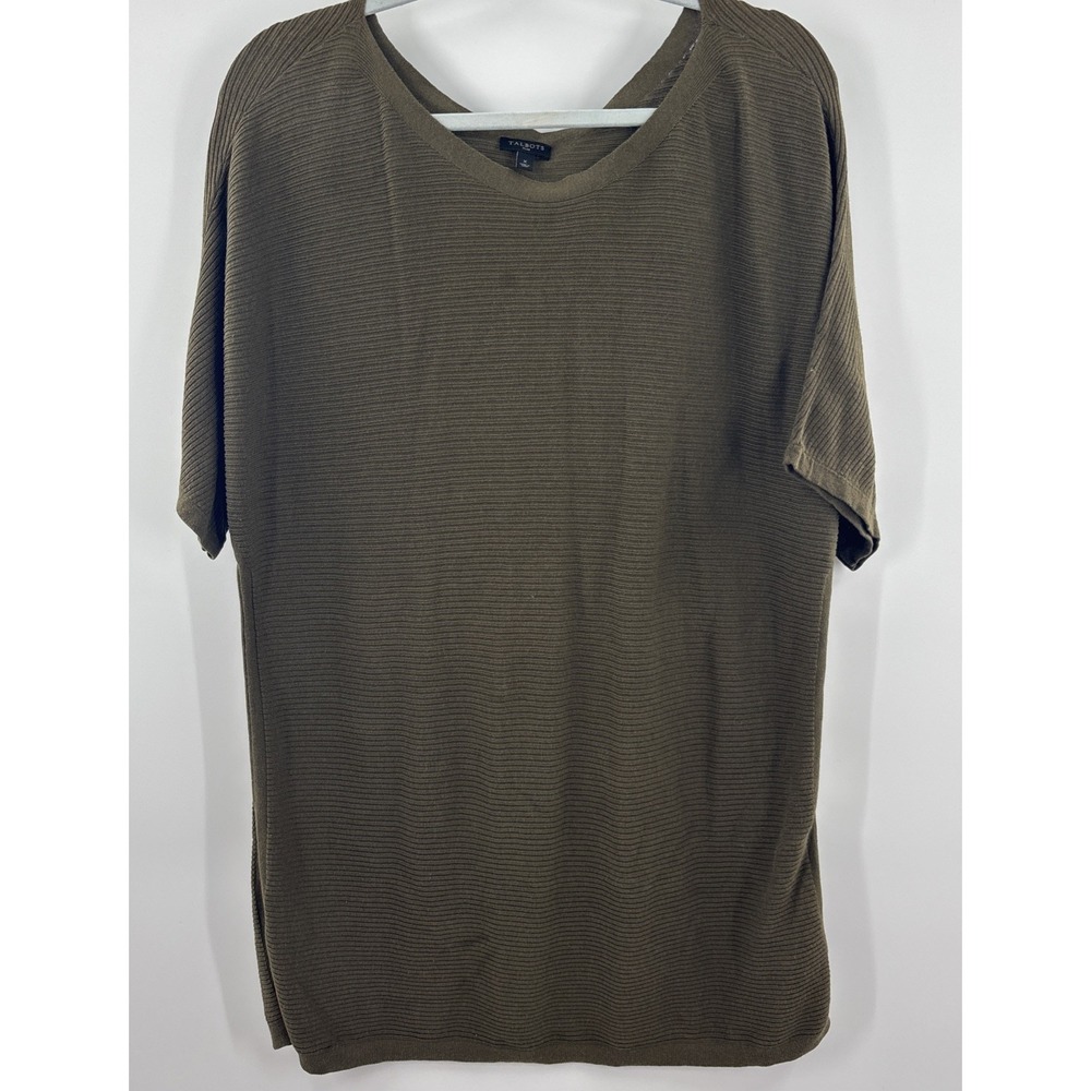 Talbots Plus XL Women's Olive Green Short Sleeve Knit Top Ribbed Round Hem